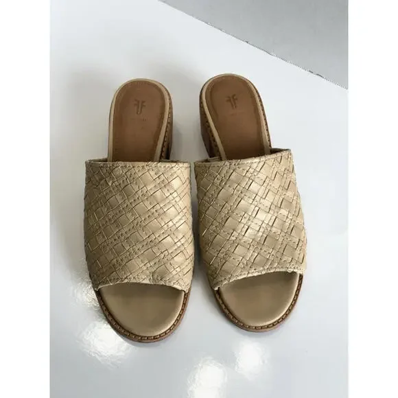 Frye Cindy Mules Women's Size 7.5M Cream Woven Leather Block Heel Slide Sandals - Picture 4 of 16